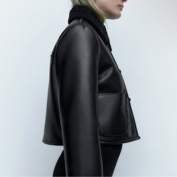 Zara Double Faced Leather Style and Sherpa Trim Jacket in Black - Picture 10 of 13